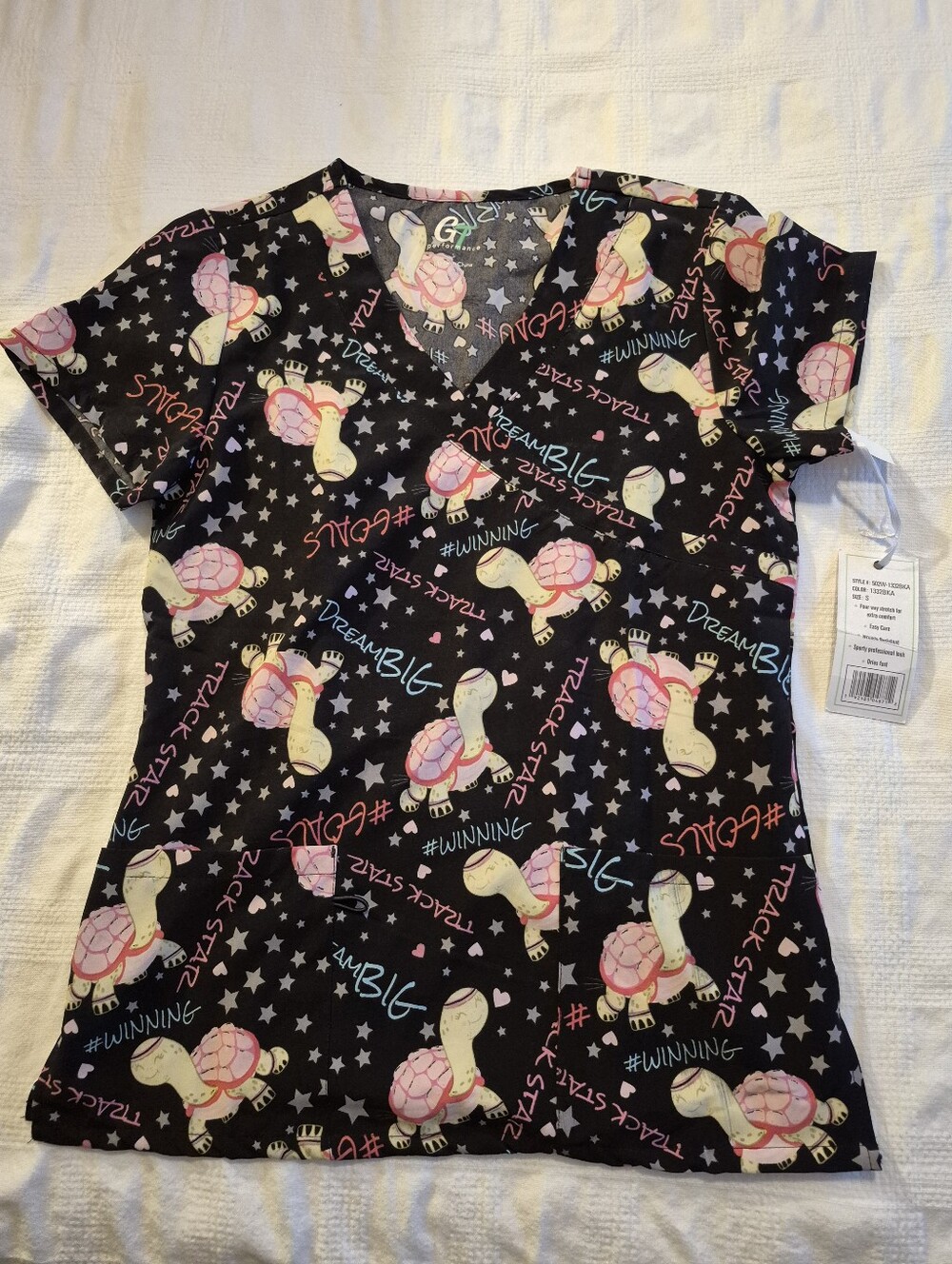 Green Town Performance women's size Small black scrub top turtle design NWT